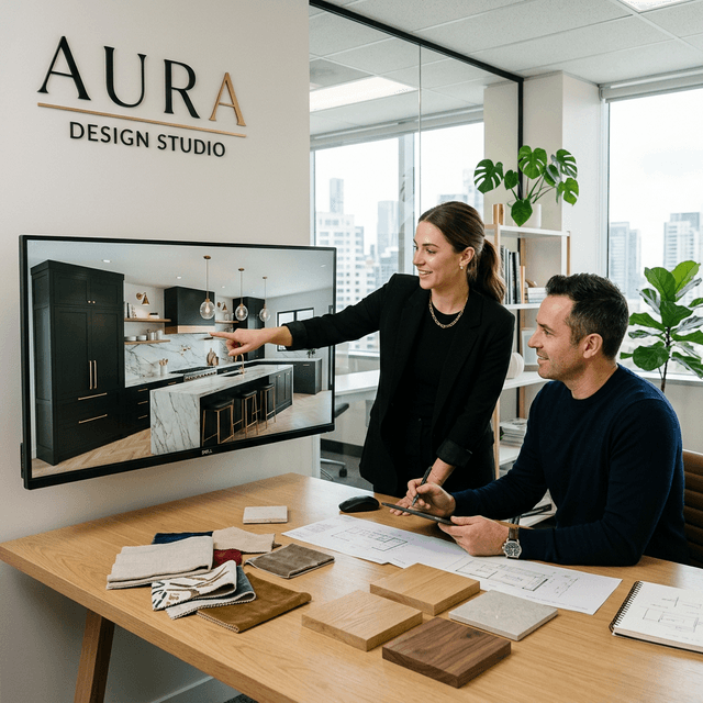 Arcan design team reviewing 3D furniture renders