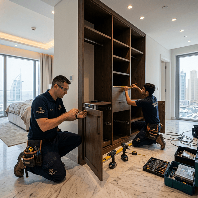 Arcan installation team fitting custom wardrobe in Dubai villa